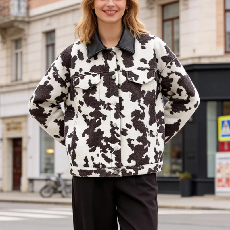 Veste à col cranté pour femme, simple boutonnage, imprimé vache, manteau à franges au dos, Style de rue, tendance, rétro, décontracté