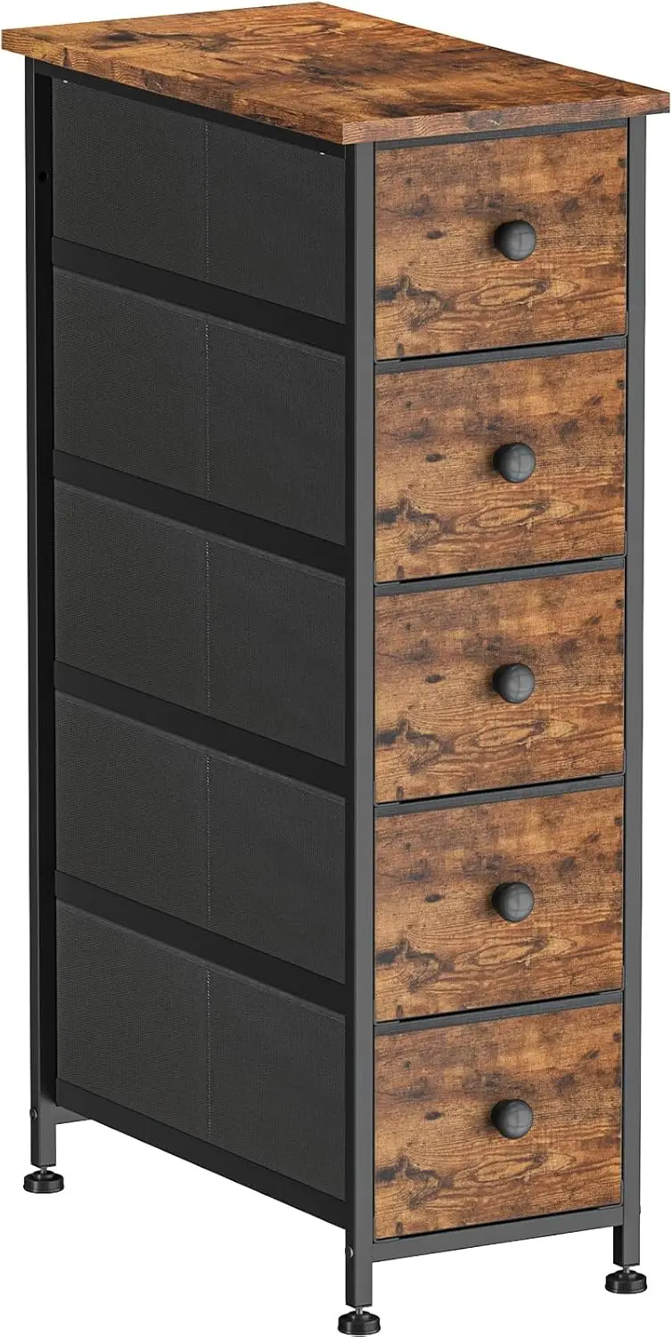 

Storage Tower with 5 Removable Fabric Drawers Slim Dresser with Steel Frame,Wood Top, Knob, Woody Dresser for Bathroom Organizer