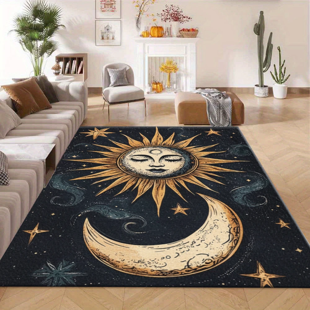 Mystic Sun Moon Star Celestial Area Rug Boho Esoteric Pattern Floor Carpet for Living Room Bedroom Home Decor