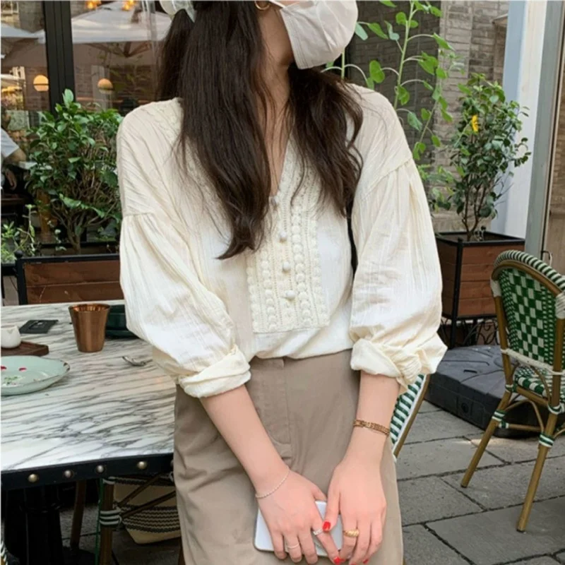 Spring Cotton Long Sleeve White Women\'s Blouse Office Lady Elegant Tops 2024 Fashion Autumn V-neck Shirt