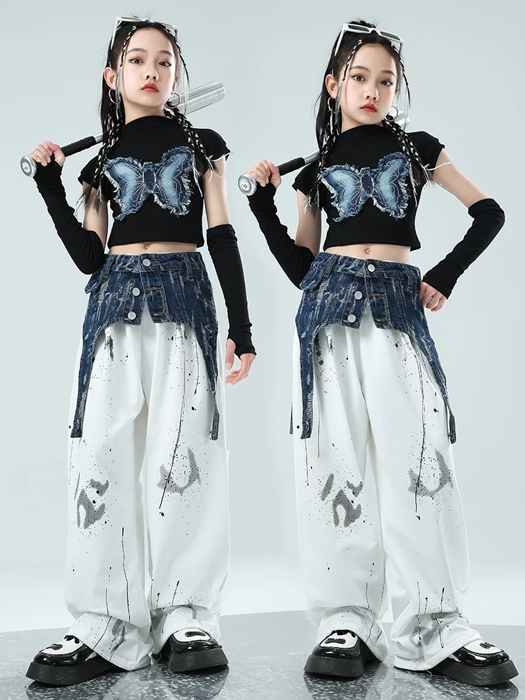 Kpop Jazz Dance Costume Girls Denim Butterfly Tops White Pants Suit Fashion Kids Catwalk Hip Hop Performance Clothing BL12624