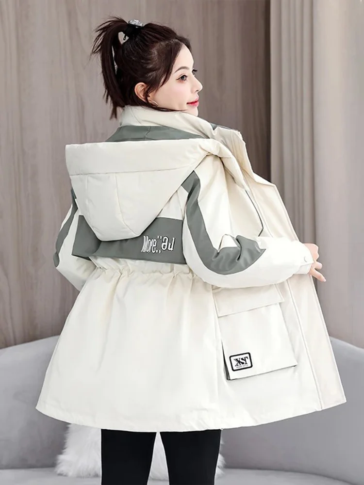 Women's Warm Cotton Jacket Winter New Style Small Size Hooded Waist-Cinching Coat Korean Version Loose Fit Long Sleeve