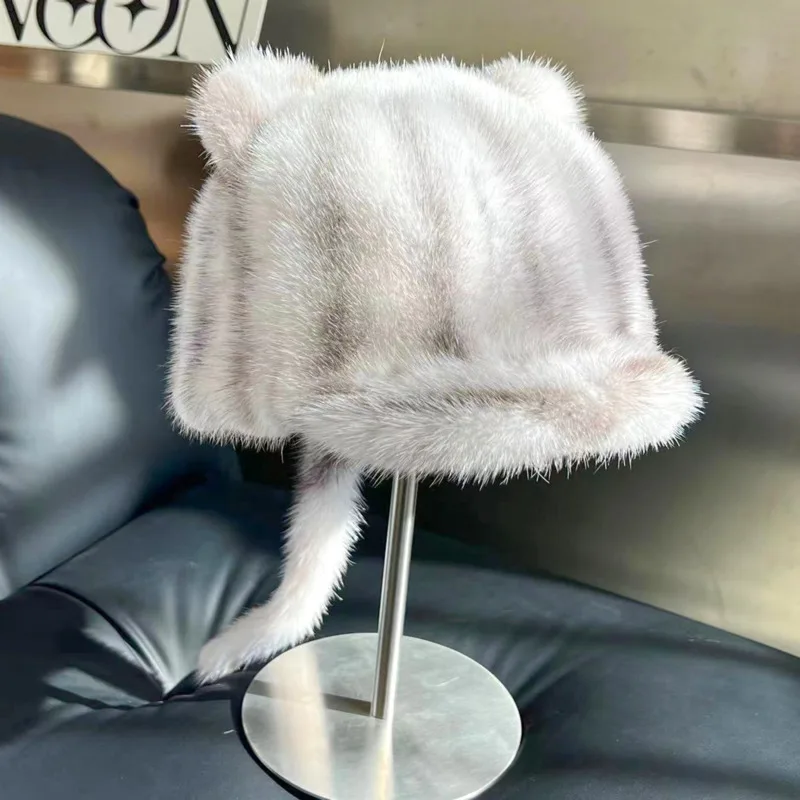 Genuine Mink Fur Hat Cute Cat\'s Ears Hat Black Small Tail Fur Hat Luxury Duck Tongue Caps Casual Ear Protection Baseball Hats