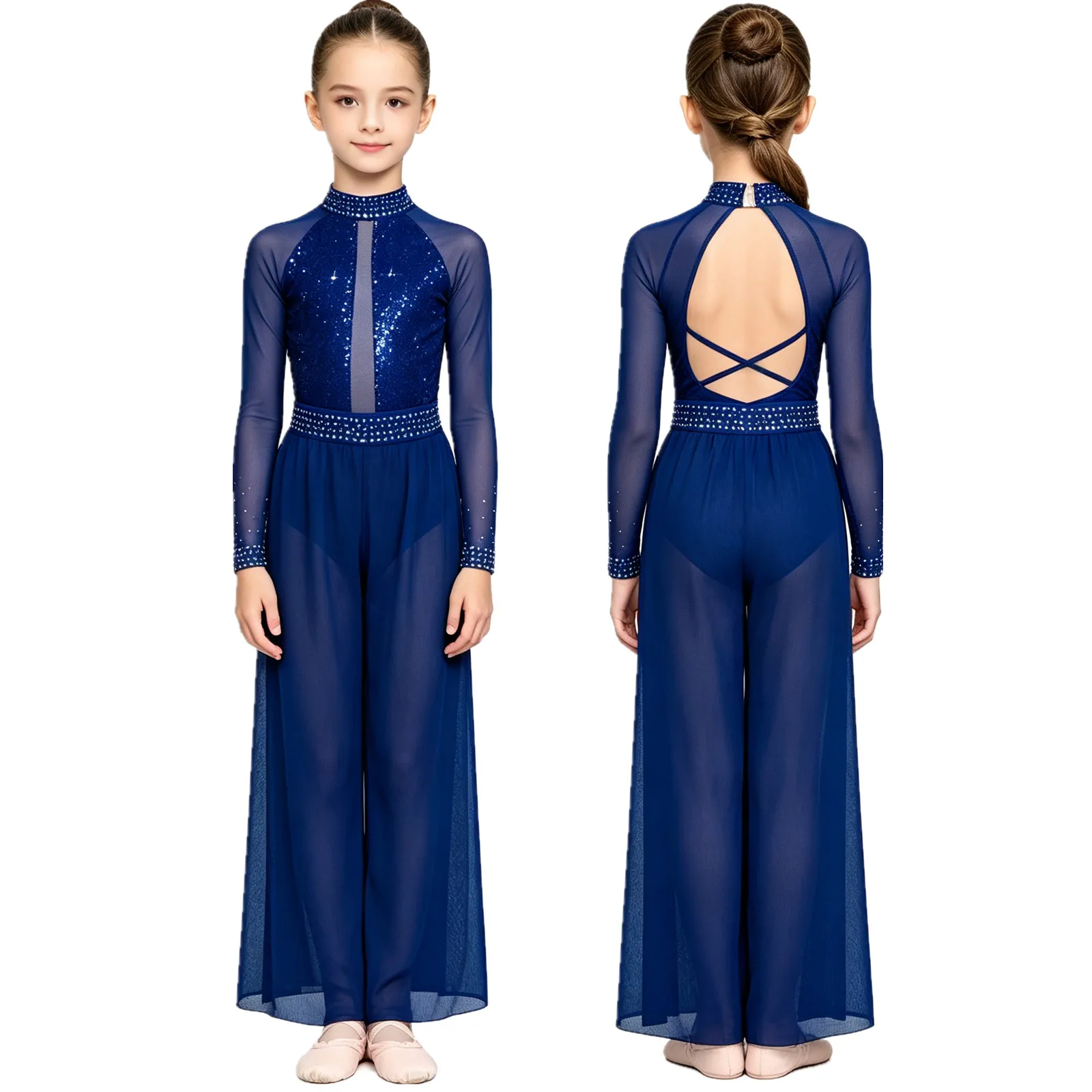 Girls Modern Lyrical Dance Costume Figure Skating Gymnastics Ballet Outfit Sequin Rhinestone Mesh Leotard with Pants Dancewear