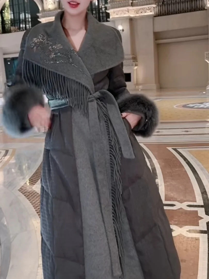 

Spring Fashion Woolen Women's Jacket Set with Tassel Medium Length Elegant Style down Filled Coat Two-Piece Suit for Adults