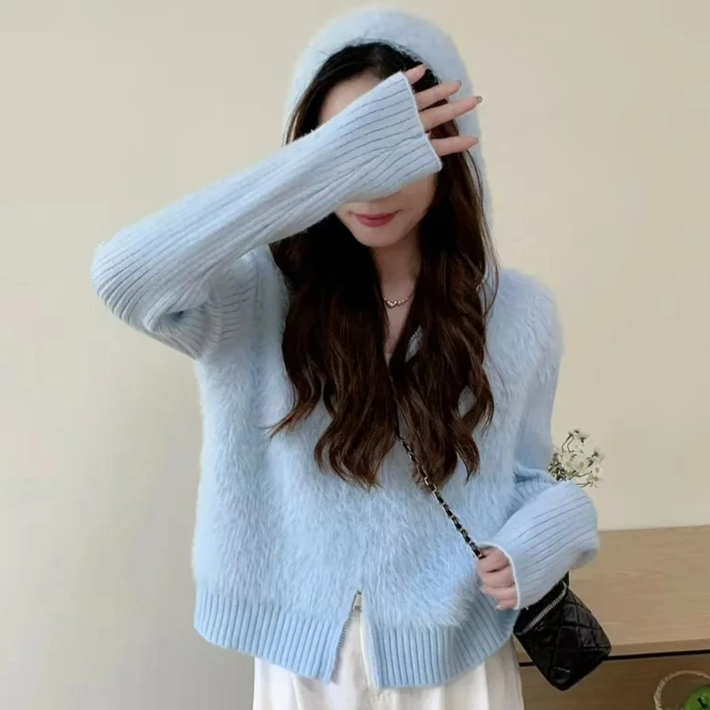 Women's Zip-Up Sweater Fuzzy Knitted Hooded Cardigan Long Sleeve Crop Knit Jacket with Hood Knitwear Fall Winter Casual Outfit