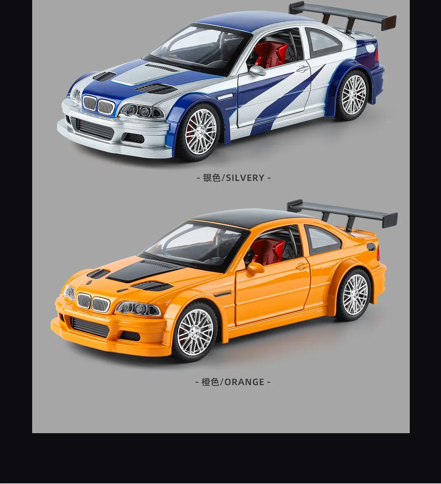 1:24 M3 GTR E46 Racing Alloy Metal Diecast Model Car Sound and Light Pull Back Collectibles Hobby Birthday