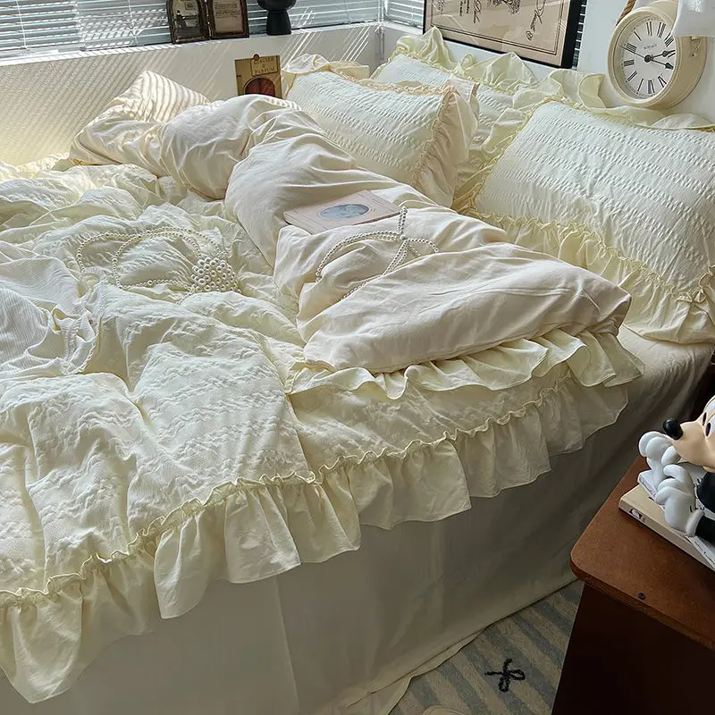 Comforter Sets Princess Style Korean Ins Solid Color Bed Sheet Washed With Cotton Edge And Soaked With Gauze Bed Linen