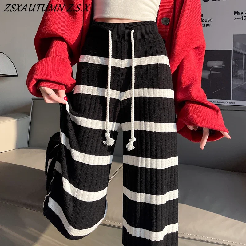 

Striped Knitted Wide-leg Pants Women's Autumn Winter Korean Style Casual Loose Pants Sports Trousers Female