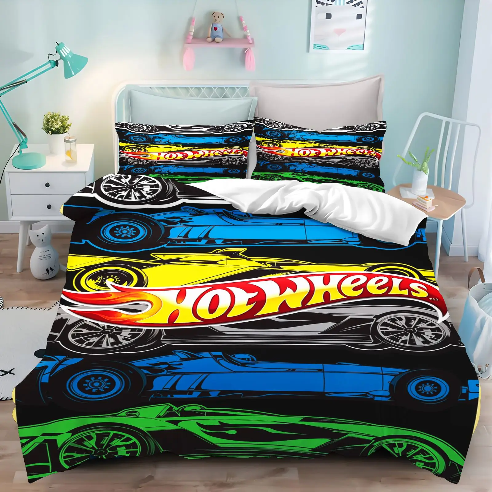 Hot Wheels Duvet Cover Set Cool Racing Car Monster Truck Print Bedding Set for Boys Kids Bedroom Soft Microfiber Quilt Cover