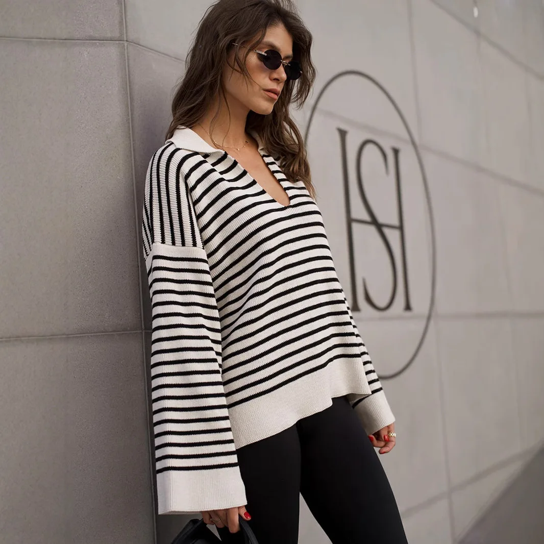 

Striped Women Autumn Knitwear Color Blocked Polo Collar Loose Pullover Lady Sweater Versatile Commuting Knit Sweater For Female