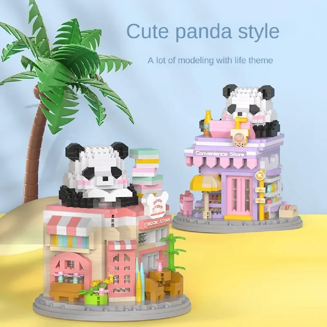 Kawaii New Panda Series Building Block Camera Studios Cafes Bookstores Cake Shop Micro BrickPuzzle Assembled Toys For Gift