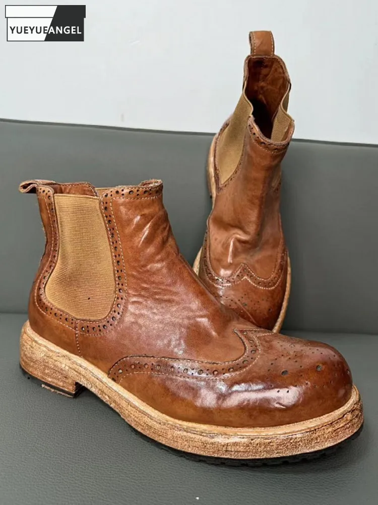 Retro Mens Fashion Business Work Chelsea Boots Thick Platform Slip On Cowhide Genuine Leather Ankle Boots Versatile Male Shoes