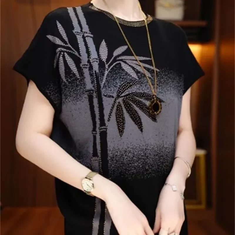 Women's Bamboo Pattern Knit Top Gradient Short Sleeve Casual Loose Blouse With Hot Drill Detail