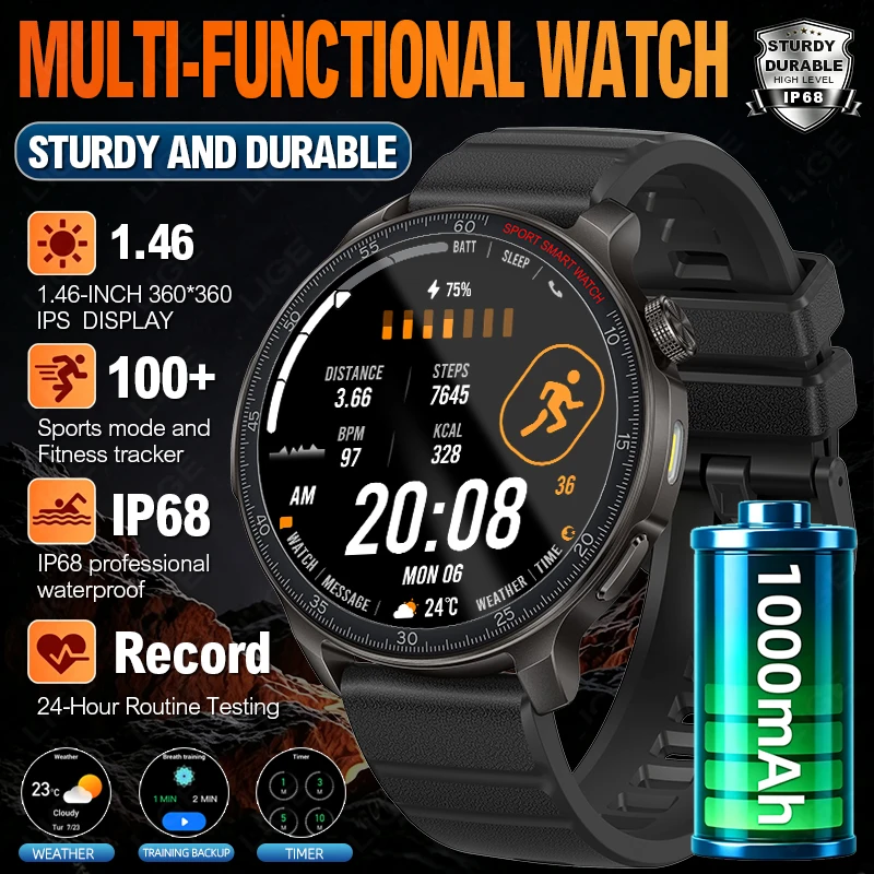 LIGE Military Smart Watch Men 1000mAh Large Battery Smart Watch Waterproof BT Call Flashlight Sports Health Monitor Smartwatches