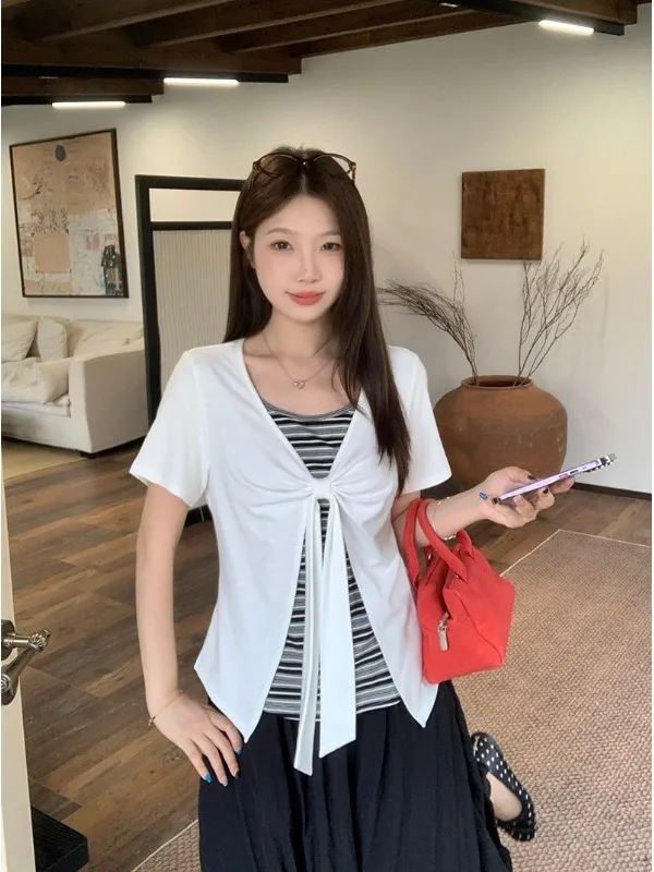 

plus Size Slimming Striped Patchwork Short Sleeve T-Shirt Korean Style Commute Wind Summer New Design Sense Belted Top
