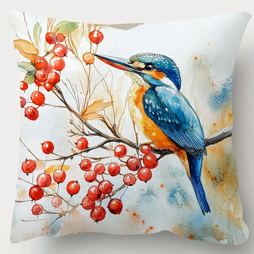1pc Double-Sided Short Plush Pillow Cover 18x18 Inch Watercolor Kingfisher Berries Tree Branch Sofa Living Room Decor