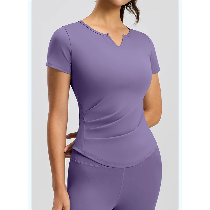 Summer Women Fashion V-Neck Yoga Short Sleeve Top Quick Dry Breathable Sports Top Running Fitness Ruched Design Workout Top