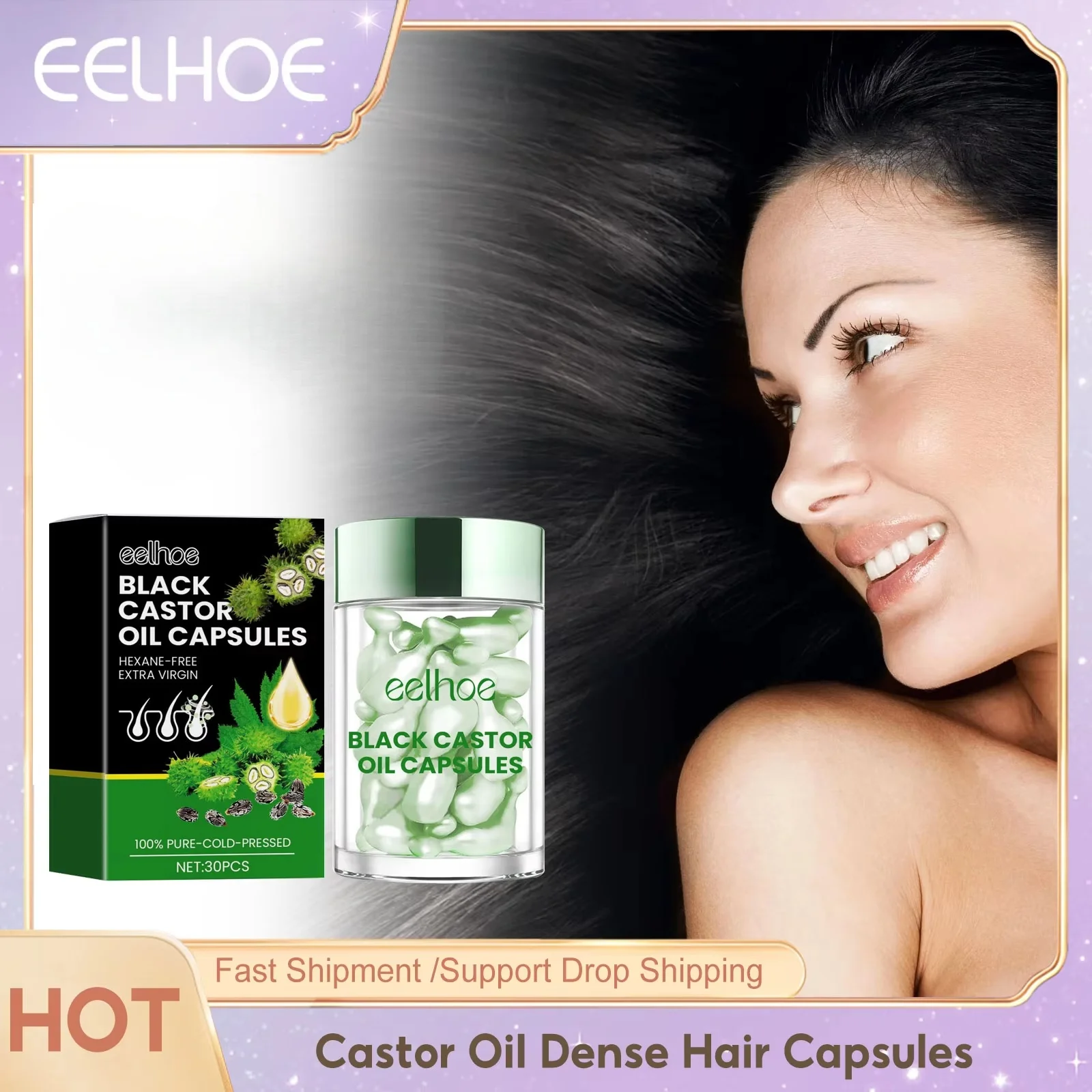 

EELHOE Black Castor Oil Nourishes Hair Growth Scalp Massage Essential Oil Capsules Thicker Hair Oil Natural Hair Care Products