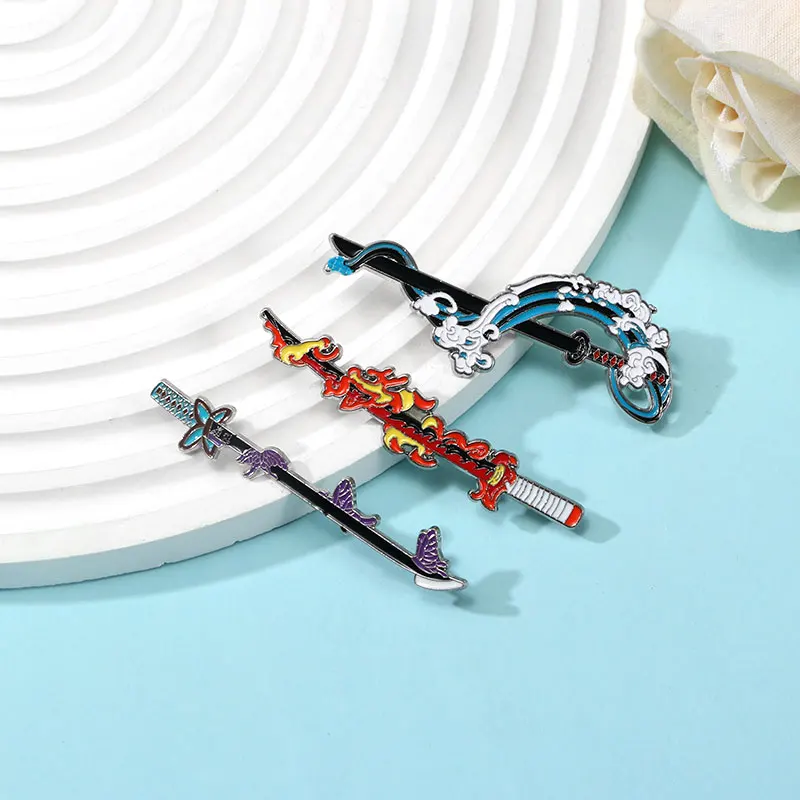 Anime Nichirin Sword Enamel Pins Seawave Fire Butterfly Snake Around Katana Brooches Demon Slayer Badge