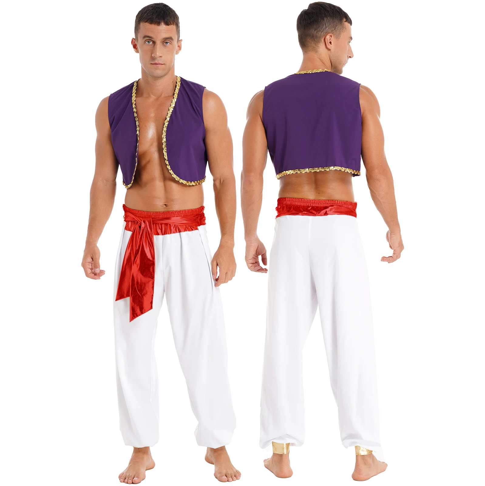 Disfraz de príncipe árabe para hombre, conjunto de pantalones bombachos con cinturón, chaleco con manga de casquillo, traje de Cosplay para Halloween y Carnaval