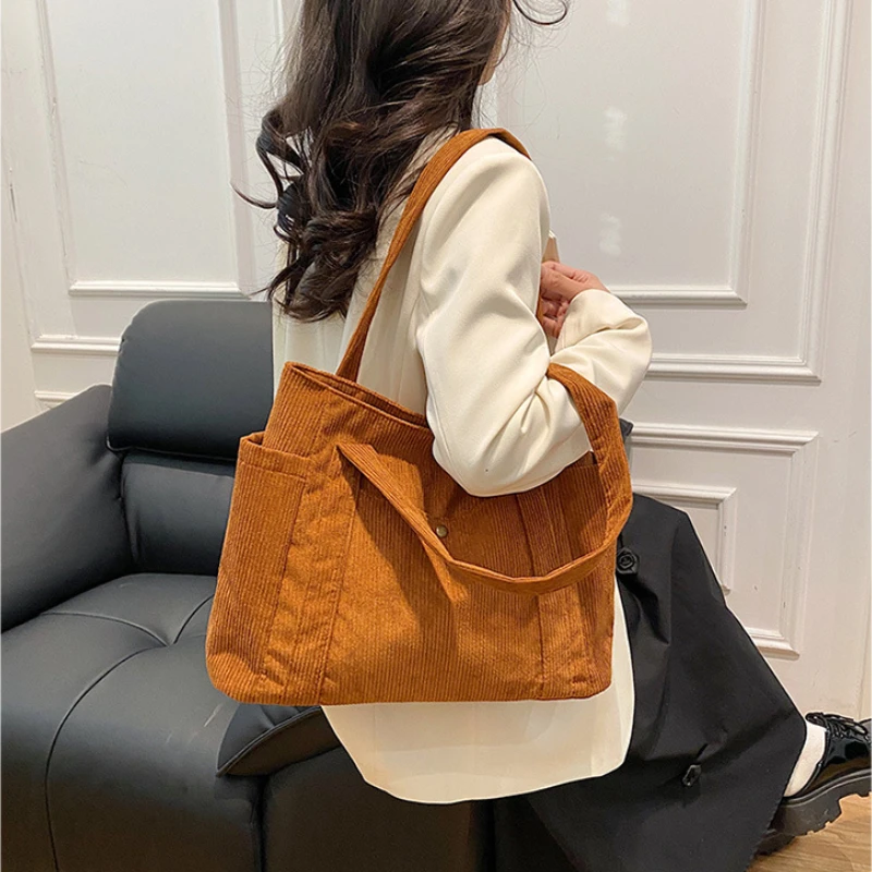 

Tote Women's Bag Corduroy Solid Color Autumn Winter Large Capacity Commuting Shoulder Bag Simple All-Match Personality Handbag