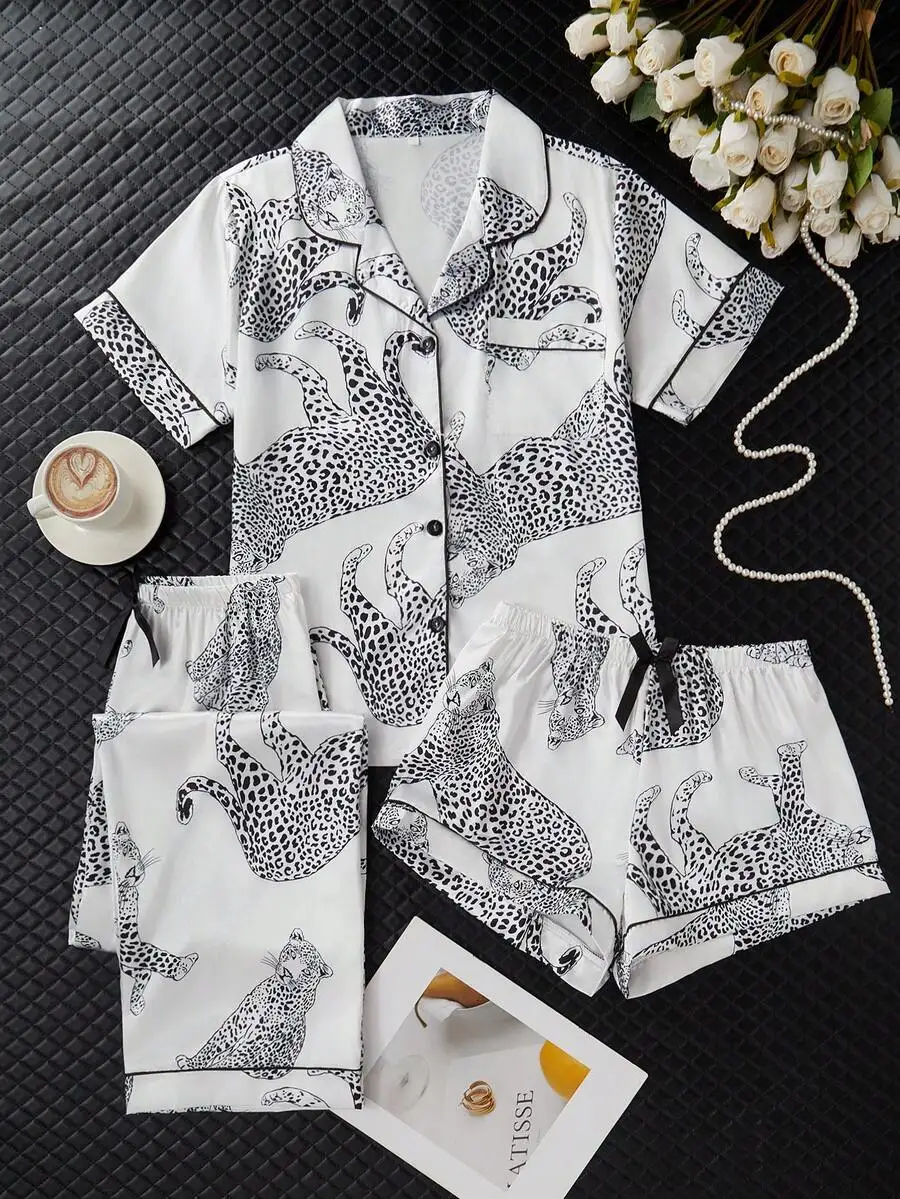 

Women Leopard Print Short Sleeve Pajama Set With Pocket Shorts And Pants