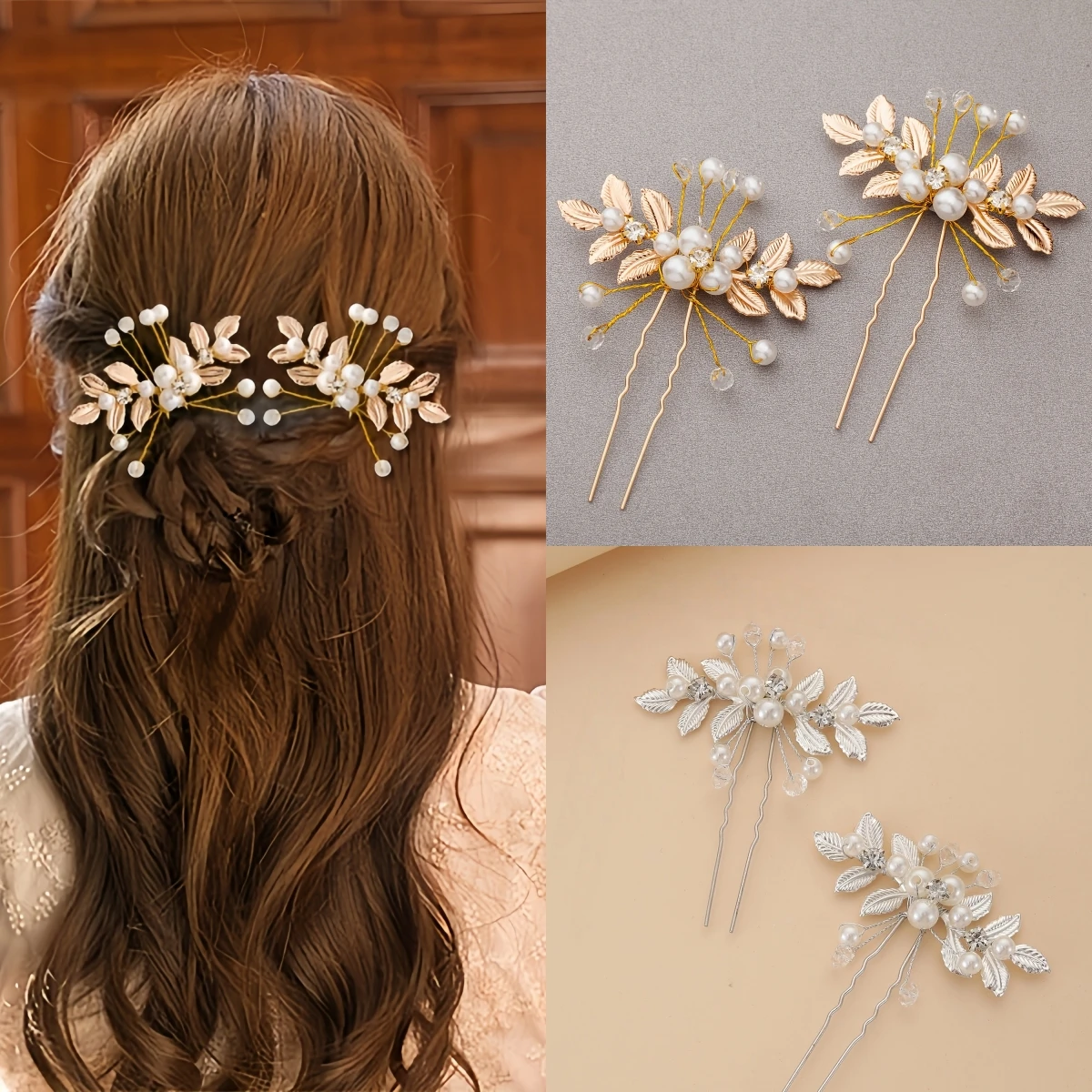 

Handmade Fashion Pearl Flower Hair Clip Hairpin Crystal Leaf Hairpin Bridal Wedding Hair Accessories Jewelry Hair Clip Hairpin