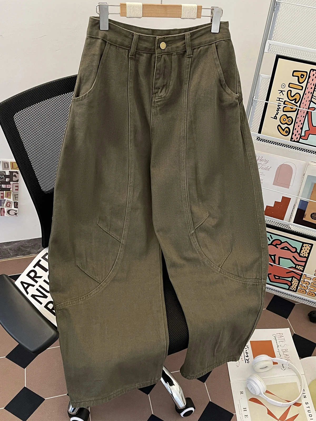 Men Splicing Loose Retro Jeans Spring Autumn Solid Color 100% Cotton Denim Pants American Casual Fashion Simple Male Trousers