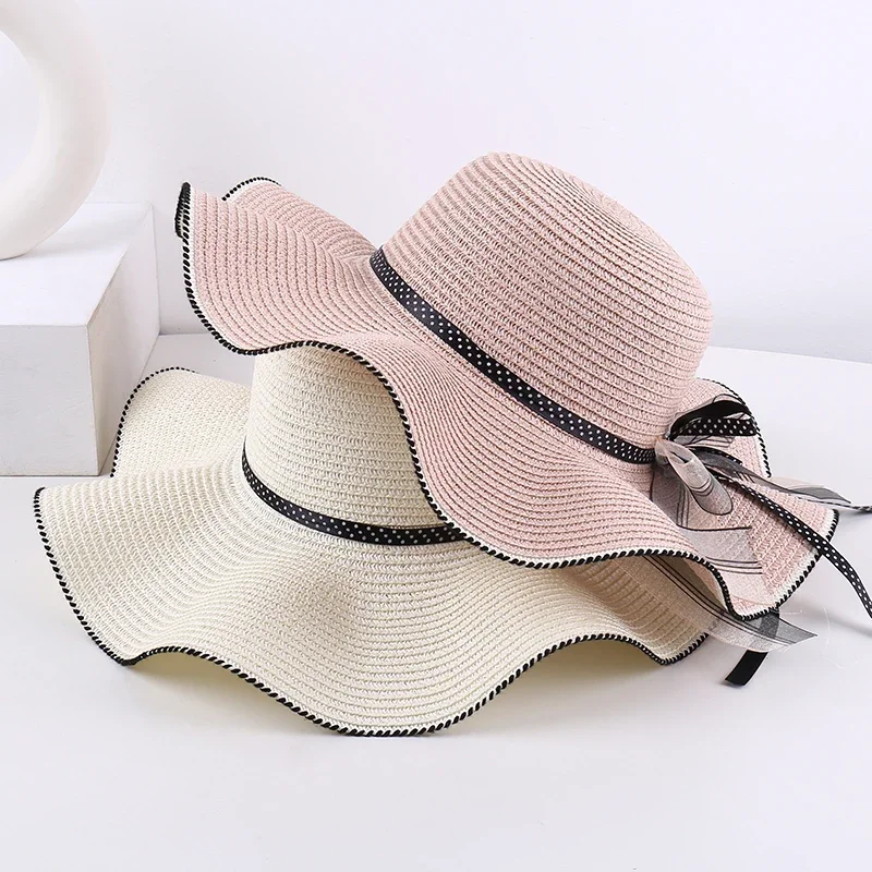 

Wave brim fashionable and versatile casual breathable bow decoration outdoor travel park picnic beach vacation sun shading hat