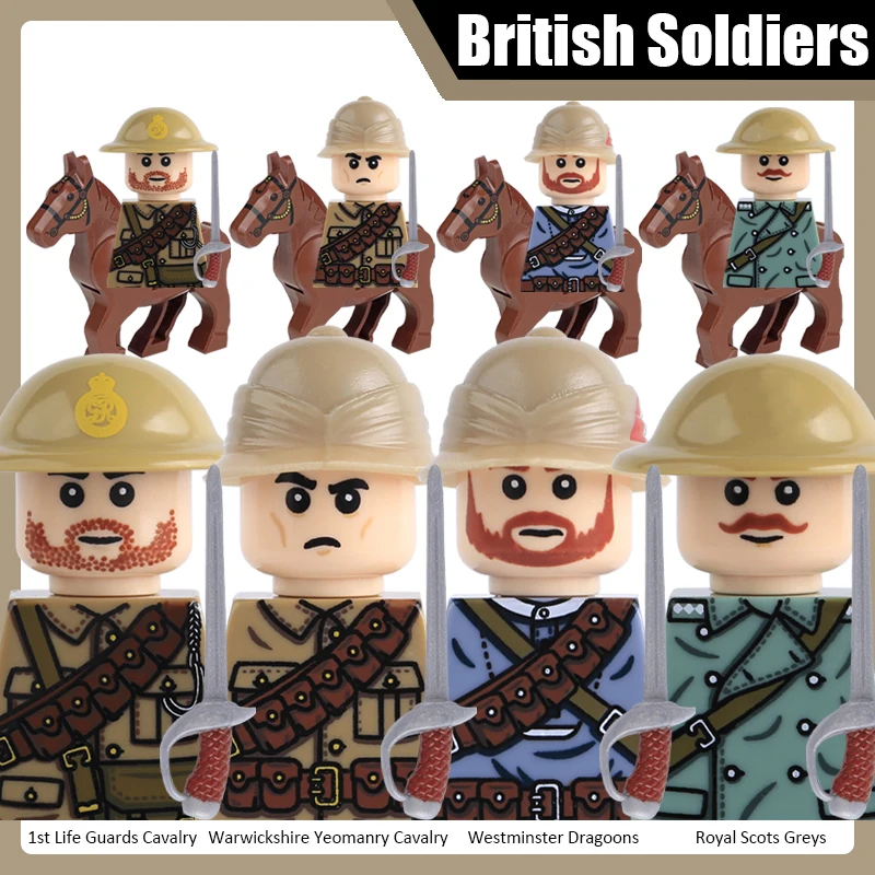 WW1 Military British Army Cavalry Soldier Figure Building Blocks Infantry Officer Warrior Helmet Cloak Horse Gun Bricks Toy Gift