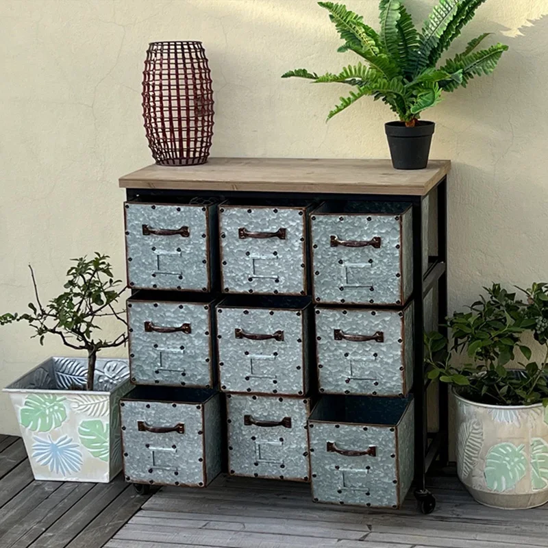 Industrial Storage Cabinet, Galvanized Metal 9-Drawer Chest with Wood Top, Black Metal Frame, Rolling Wheels, Vintage Style