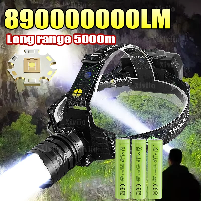 

890000000LM Высокая мощность светодиодный налобный фонарь Супер яркий налобный фонарик 800 Вт Мощный дальний фонарь 5000 м Налобный фонарь Перезаряжаемый кемпинговый фонарь