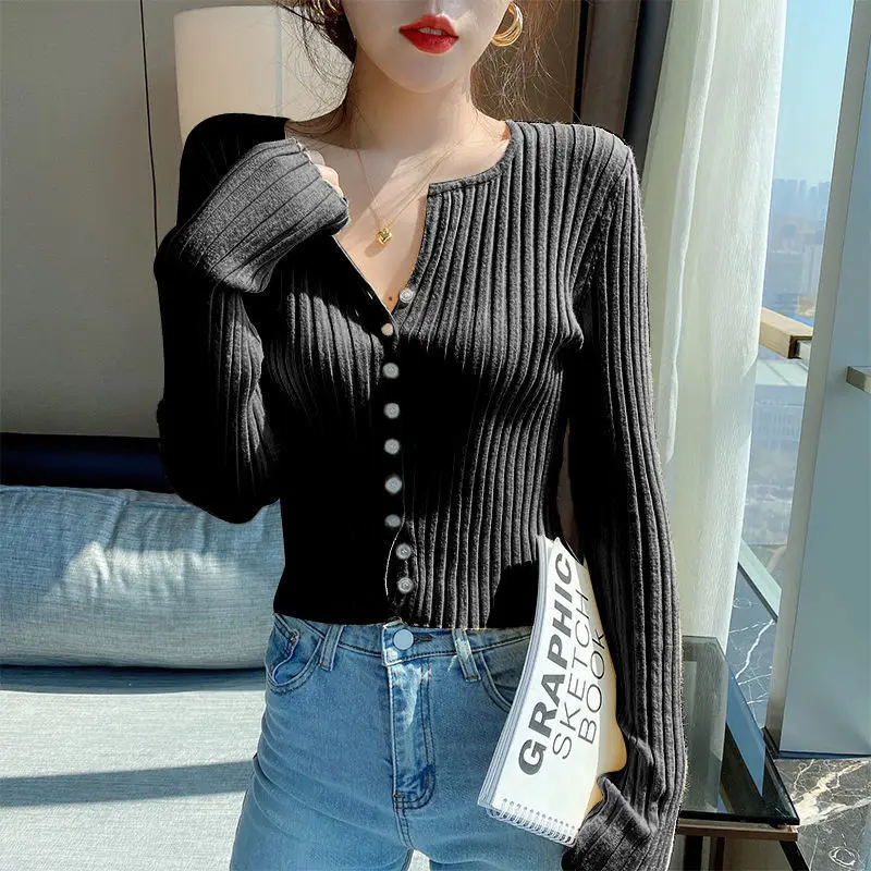 V-neck Knit Cardigan Women Long Sleeve Sweater Long Sleeve Slim Coat Korean Fashion Streetwear Tops Solid Short Jacket New