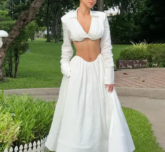 

Women's Long Skirt Set 2026 Summer Sexy New Fashionable and Personalized V-Neck Crop Top Shirt Large Skirt A-Line Long Skirt Set