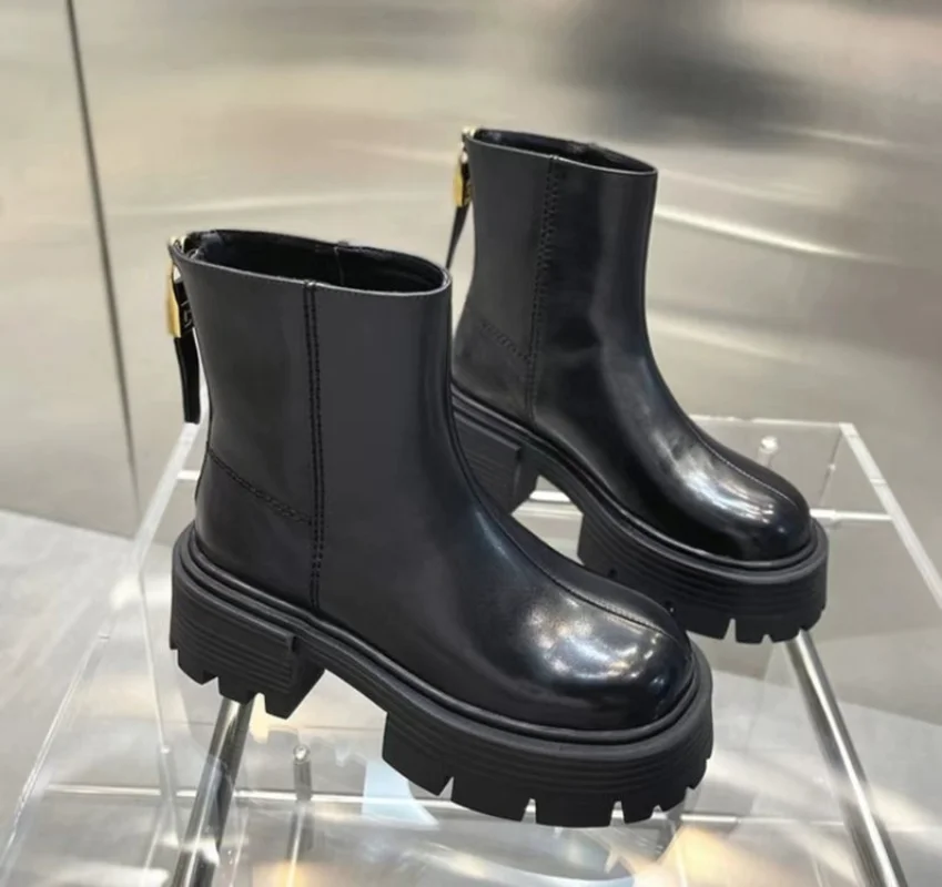 Botines de tacón alto con punta redonda para mujer, botas de plataforma con cremallera trasera, novedad de 2023