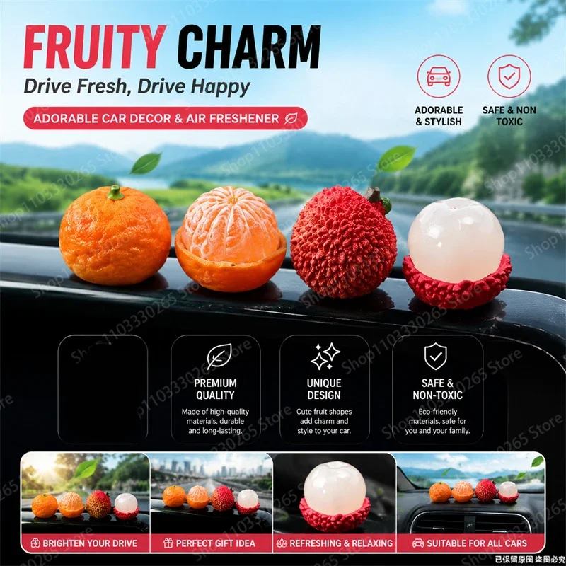 Cute Imitation Orange Lychee Fruit Car Air Freshener Long Lasting Natural Scent Auto Dashboard Vent Decor Ornament