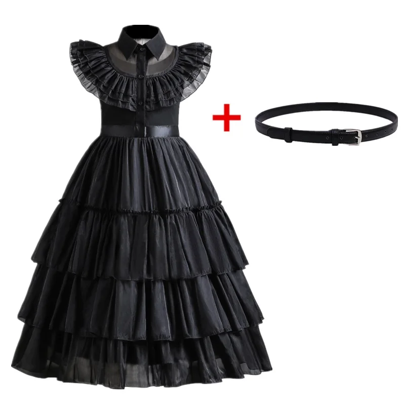 Halloween Wednesday Addam Girl Costume for Kids Girls Fancy Carnival Party Tulle Dress Black Gothic Outfits Children Clothing