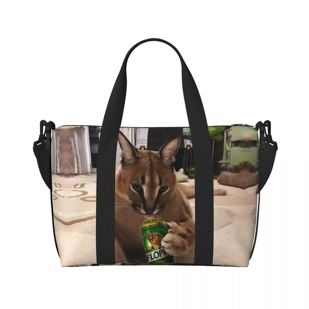 Custom Big Floppa Meme Beach Tote Bag for Women Funny Caracal Cat Large Compartment Beach Gym Travel Bags