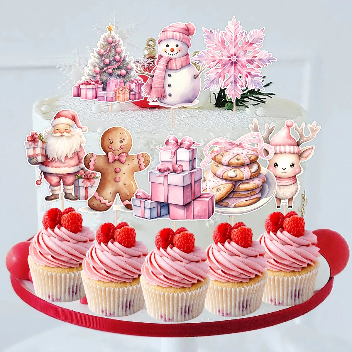 24pcs Weihnachten Cupcake Karton rosa Serie Santa Schneemann Papier Topper für Frohe Weihnachten Party Geburtstag DIY Kuchen Dekorationen