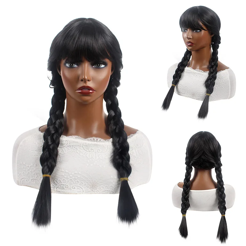 

Women's wig New straight bangs long hair Black Wednesday double ponytail twist braid cos anime wig cosplay wig