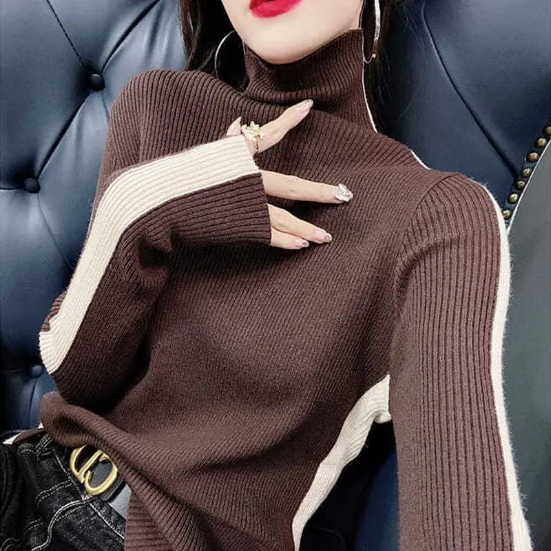 Autumn Winter Solid Color Patchwork Trend Turtleneck Sweaters Women\'s Clothing 2023 Fashion Slim Long Sleeve Pullovers Knitted