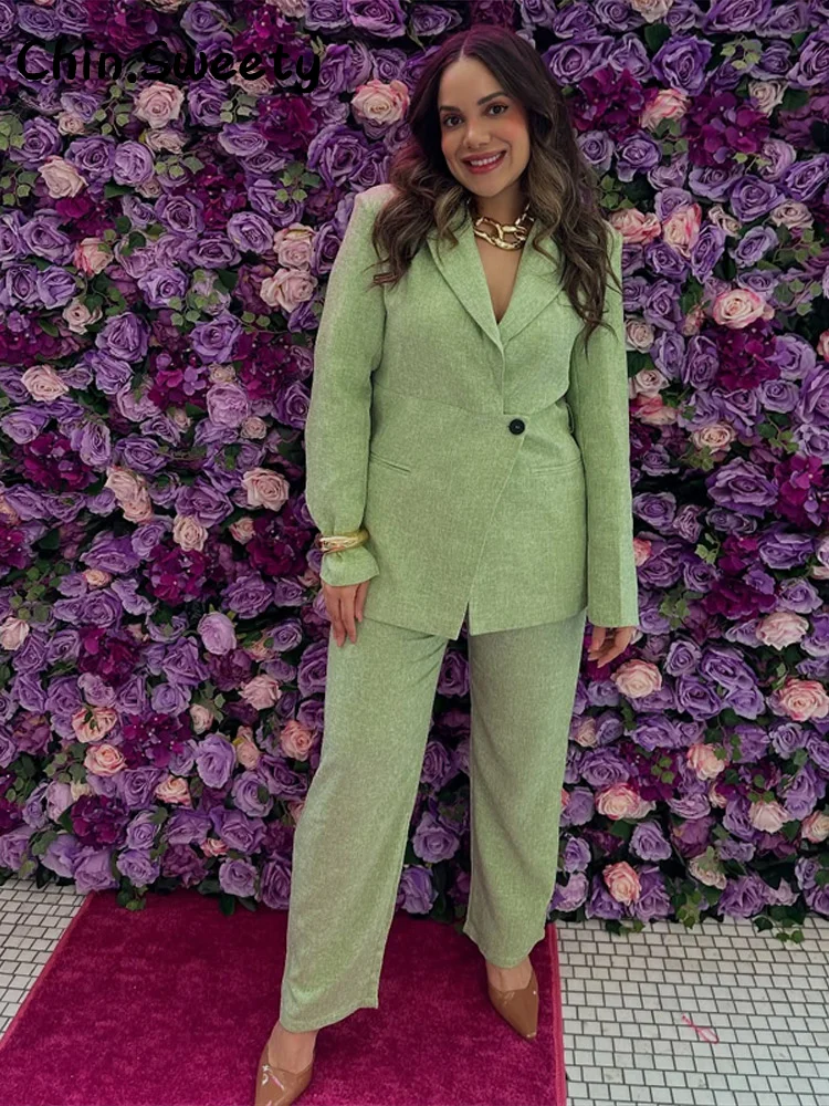 

Chic Belt Trousers Sets Women Green Lapel Full Sleeve Button Blazer Pockets Straight Pant 2025 Summer Lady Casual Commute Suits