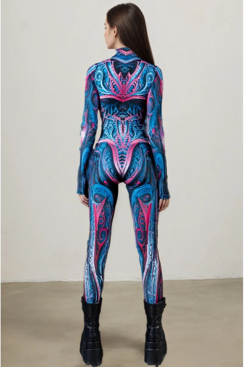 Damen Fleischfarbener Tribal-Bodysuit Geometrischer Festival-Rave-Bühnenshow-Aerial-Yoga-Anzug Hochhals Vollständiger Halloween-Cosplay-Catsuit – Detail 16