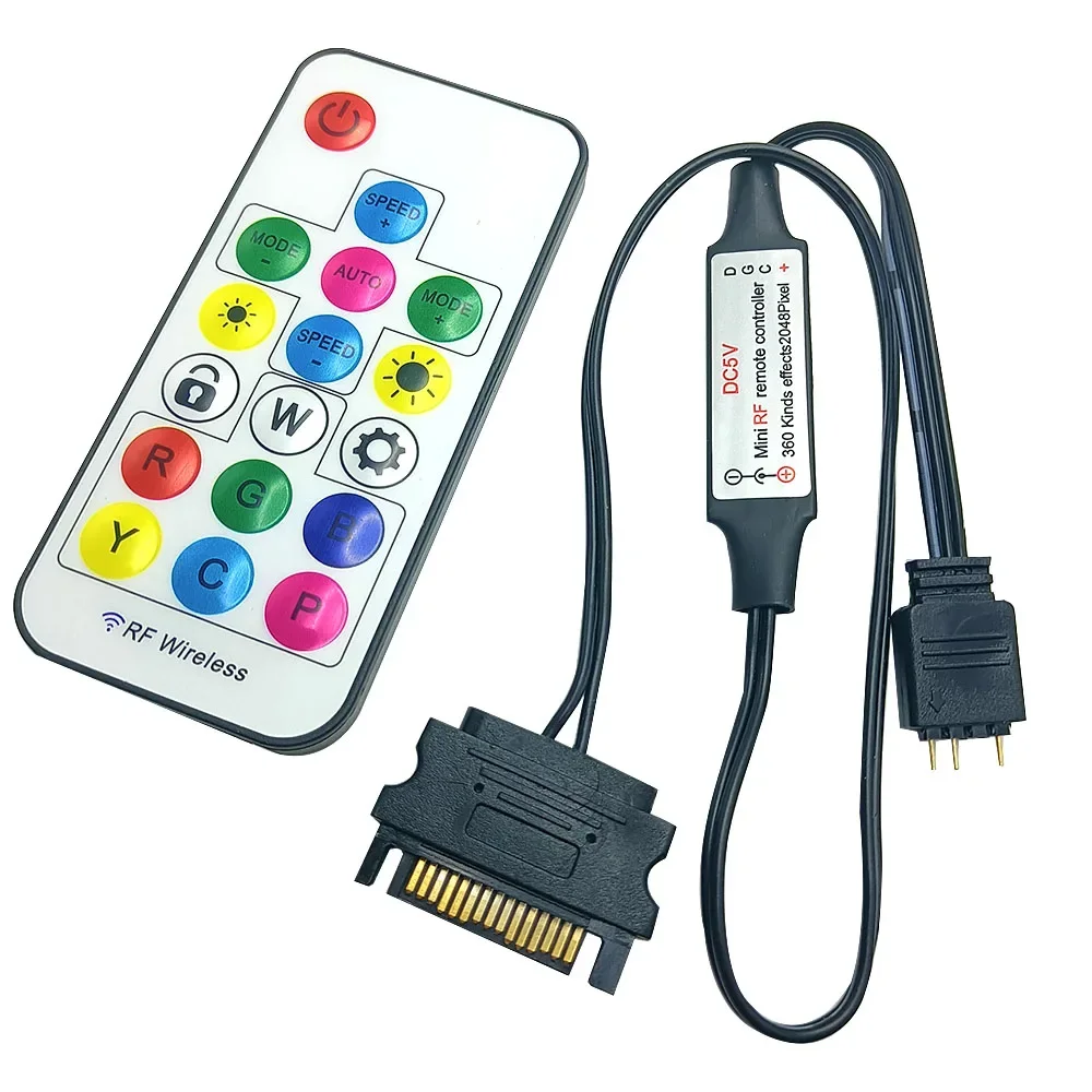 USB 5V 17 Keys RGB Controller LED Light Strip Remote Controller Simple Dimmer 3 Pin to SATA 4Pin for PC Computer Case Lighting