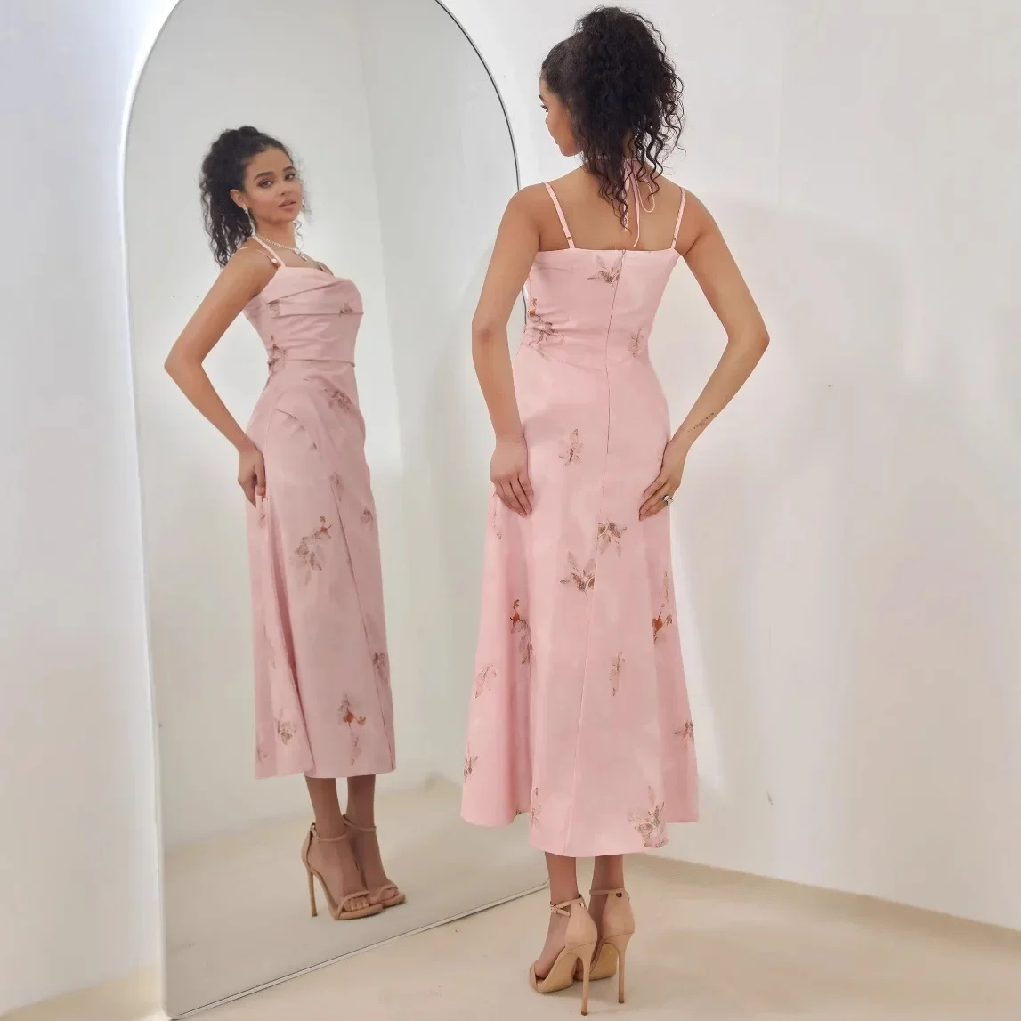 

FDEY Pink Halterneck Dress with Print Pleats Midi Slip Dress Elegant Casual