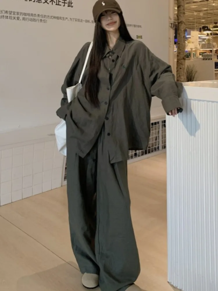 

Женская осенняя женская рубашка с длинным рукавом, офисная деловая рабочая одежда, зеленый наряд из двух предметов, включая рубашку, блузку и брюки