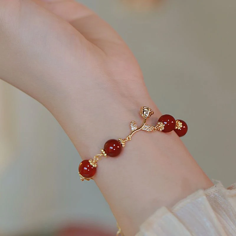 Golden Rose Natural Red Agate Round Beads Adjustable Bracelet Women Ornaments Gentle Style Fine Jewelry Gifts