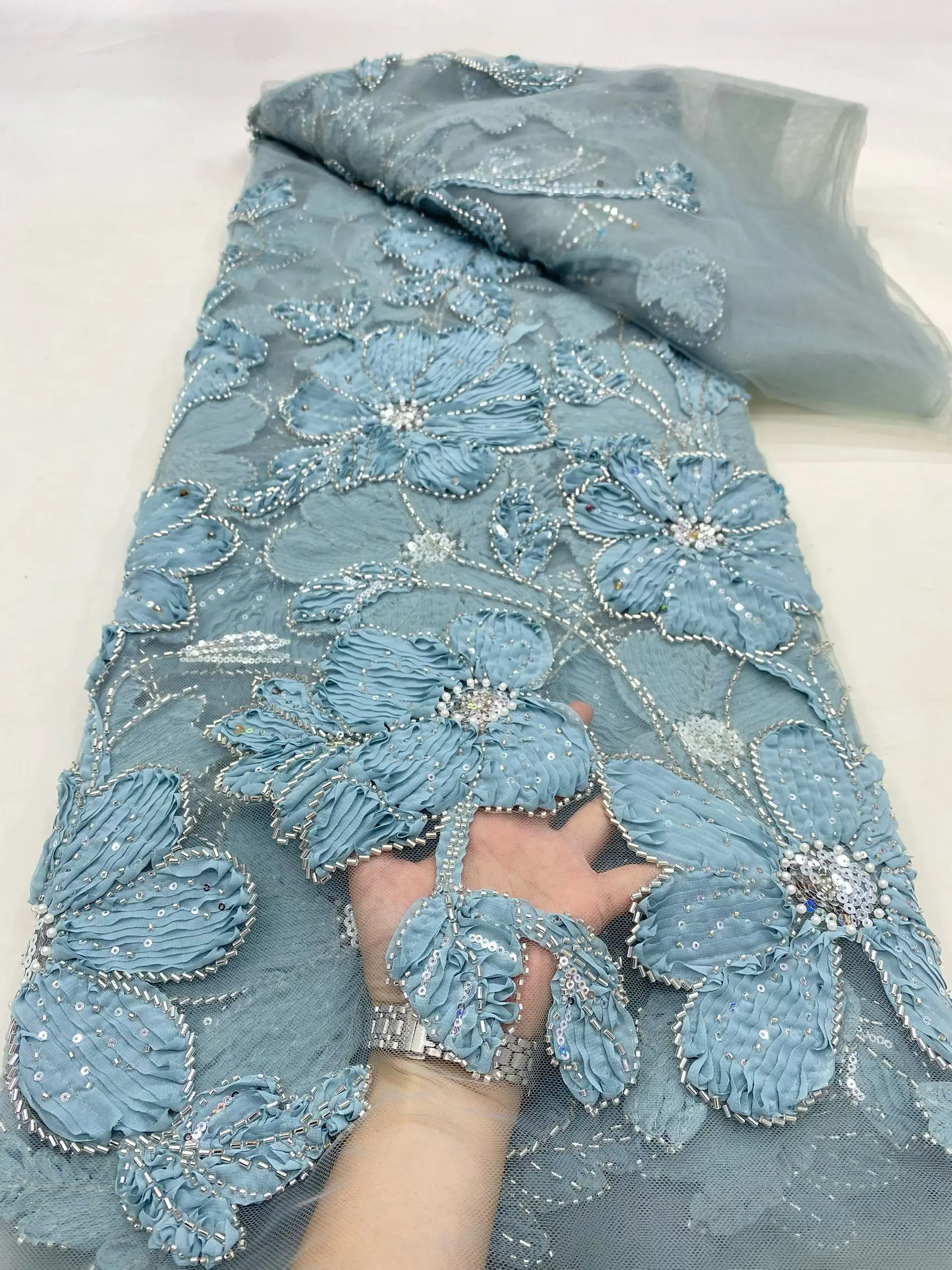 New Arrival Sky Blue 3D Handmade Beads African Lace Fabric 2025 High Quality Sequin Beaded French Lace Fabric For Party LDP25147