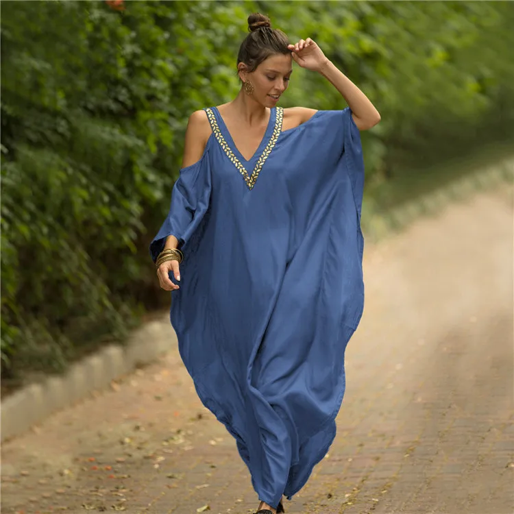 V-neck Embroidered Beach Dress Off-shoulder Loose Sunscreen Shirt Dress Women Seaside Holiday 2023 Spring Summer New Style